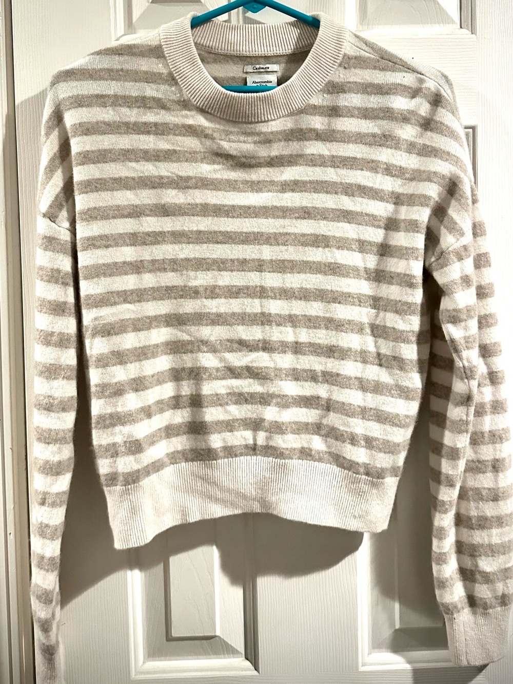Abercrombie & Fitch 100% Cashmere Striped Crewneck Sweater - Cream & Light Taupe